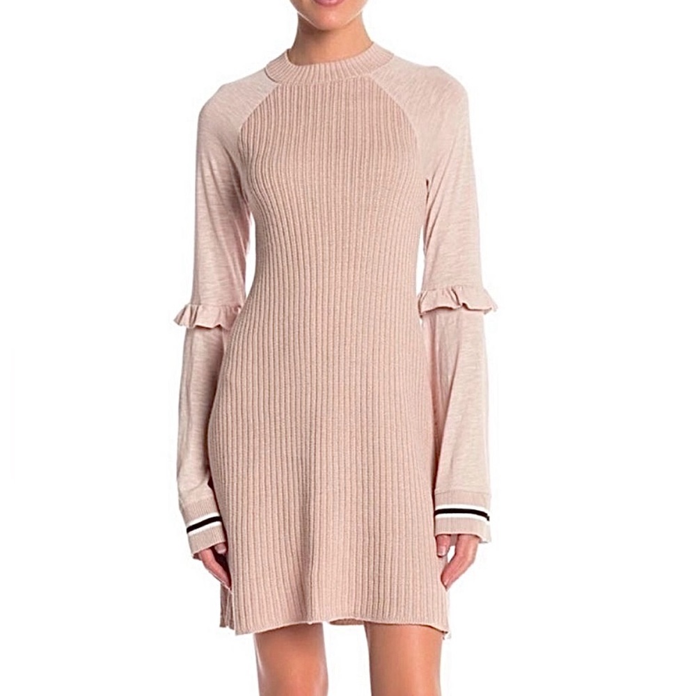 Free People Zou Bisou Ruffle Bell Sleeve Knit Sweater Dress Blush Pink Medium M